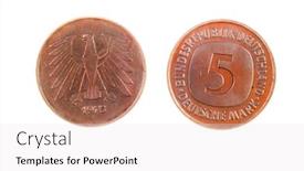  Presentation with now - Colorful slide set enhanced with pre eec now not in use german 5 mark coin isolated on white backdrop and a white colored foreground