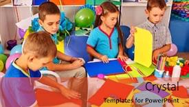  Presentation with kids shapes - Slide set enhanced with pre school - group kids holding colored paper background and a red colored foreground