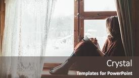  Presentation with winter weather - Slide deck with pre teen child in warm woolen sweater seating on window sill and reading a book winter weekends in old log house cold snowy weather cozy homely concept background and a tawny brown colored foreground