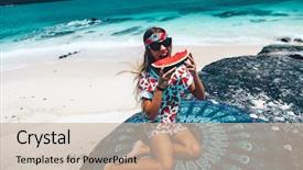  Presentation with teen girl - Amazing slide set having pre teen girl eating watermelon backdrop and a soft green colored foreground