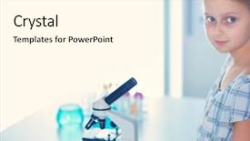  Presentation with science spectrum - Amazing PPT theme having preadolescence - schoolgirl looking through microscope backdrop and a  colored foreground