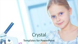  Presentation with microscope - Presentation design consisting of preadolescence - schoolgirl looking through microscope background and a  colored foreground