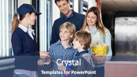  Presentation with worker - Presentation theme having preadolescence - young female worker checking tickets background and a ocean colored foreground