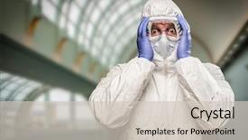  Presentation with hazmat - Cool new slide set with precaution - man holding head with hands backdrop and a soft green colored foreground