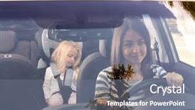  Presentation with safety driving - Colorful presentation theme enhanced with precaution - young woman driving car backdrop and a gray colored foreground