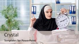  Presentation with employee working in industry - Colorful PPT theme enhanced with precautions - woman muslim employee working backdrop and a lemonade colored foreground