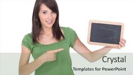  Presentation with strategic management needle pointing - Beautiful presentation theme featuring preceptor - woman pointing a slate backdrop and a seafoam green colored foreground