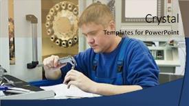  Presentation with cnc machine tool - Cool new PPT theme with precision manufacture - mechanical technician measuring detail backdrop and a coral colored foreground