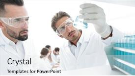  Presentation with precision - Beautiful presentation theme featuring precision medicine - closeup scientist and assistant studying backdrop and a sky blue colored foreground