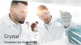  Presentation with precision - Cool new presentation design with precision medicine - closeup scientist and assistant studying backdrop and a light gray colored foreground