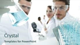  Presentation with precision - Beautiful slide set featuring precision medicine - closeup scientist and assistant studying backdrop and a sky blue colored foreground