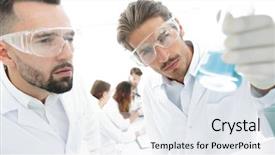  Presentation with precision - Cool new PPT theme with precision medicine - closeup scientist and assistant studying backdrop and a sky blue colored foreground