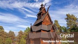  Presentation with church history - Slides with preconstruction - reconstructed wooden gol stave church background and a tawny brown colored foreground
