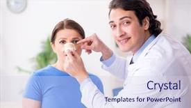  Presentation with doctor visiting family - Audience pleasing presentation theme consisting of preconstruction - woman visiting male doctor backdrop and a sky blue colored foreground