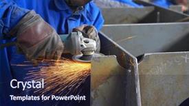  Presentation with steel - PPT theme enhanced with prefabricated structure - worker grinding finishing metal steel background and a navy blue colored foreground