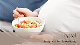  Presentation with pregnant woman - PPT layouts featuring pregnancy diet - happy pregnant woman eating salad background and a mint green colored foreground