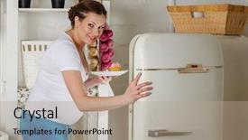  Presentation with refrigerator - Cool new presentation theme with pregnancy diet - hungry young pregnant woman stands backdrop and a coral colored foreground