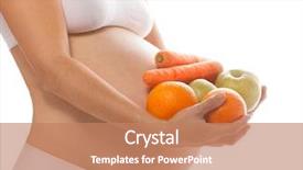  Presentation with woman body - Presentation theme having pregnancy diet - pregnant caucasian woman closeup body background and a coral colored foreground