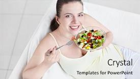  Presentation with ready to eat salad - Amazing PPT layouts having pregnancy diet - young pregnant woman eating salad backdrop and a sky blue colored foreground
