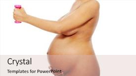  Presentation with pregnant - Amazing theme having pregnancy excercise - pregnant woman holding dumbbells isolated backdrop and a  colored foreground
