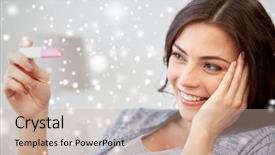  Presentation with fertility - Cool new slide deck with pregnancy fertility maternity winter and people concept - happy smiling woman looking at pregnancy test at home over snow backdrop and a coral colored foreground
