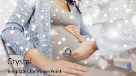  Presentation with medicine pregnant woman - Cool new presentation theme with pregnancy gynecology medicine healthcare and people concept - close up of obstetrician doctor with stethoscope listening to pregnant woman baby heartbeat at hospital over snow backdrop and a coral colored foreground