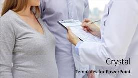  Presentation with medicine pregnant woman - Amazing slide deck having pregnancy healthcare people and medicine concept - close up of happy pregnant woman man and doctor with clipboard at medical appointment in hospital backdrop and a light gray colored foreground