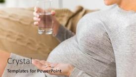  Presentation with medicine pregnant woman - Slide deck featuring pregnancy healthcare people and medicine concept - close up of pregnant woman with pills and water at home background and a coral colored foreground