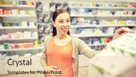  Presentation with medicine pregnant woman - Slide set enhanced with pregnancy medicine pharmaceutics health care and people concept - happy pregnant woman choosing medication at pharmacy background and a coral colored foreground