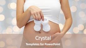  Presentation with motherhood - Presentation design featuring pregnancy motherhood people and expectation concept - close up of happy pregnant woman touching her bare tummy and holding babys bootees over holiday lights background background and a coral colored foreground