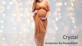  Presentation with motherhood - Cool new presentation theme with pregnancy motherhood people and expectation concept - happy pregnant woman touching her big belly over holidays lights background backdrop and a coral colored foreground