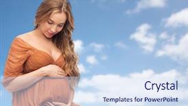  Presentation with motherhood - Colorful slides enhanced with pregnancy motherhood people and expectation concept - happy pregnant woman touching her big belly over blue sky and clouds background backdrop and a sky blue colored foreground