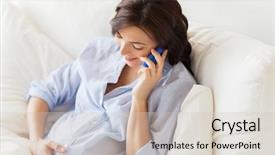 Presentation with motherhood - Audience pleasing slide set consisting of pregnancy motherhood technology people and expectation concept - happy pregnant woman calling on smartphone in bed at home backdrop and a soft green colored foreground