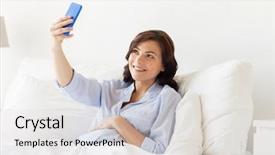  Presentation with motherhood - Amazing presentation design having pregnancy motherhood technology people and expectation concept - happy pregnant woman with smartphone taking selfie in bed at home backdrop and a light gray colored foreground