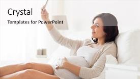  Presentation with motherhood - Cool new presentation with pregnancy motherhood technology people and expectation concept - happy pregnant woman with smartphone taking selfie in bed at home backdrop and a sky blue colored foreground