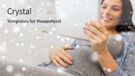  Presentation with motherhood - PPT theme featuring pregnancy motherhood technology people and expectation concept - close up of happy pregnant woman with tablet pc computer at home over snow background and a white colored foreground