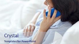  Presentation with motherhood - PPT theme consisting of pregnancy motherhood technology people and expectation concept - close up of happy pregnant woman calling on smartphone in bed at home background and a sky blue colored foreground