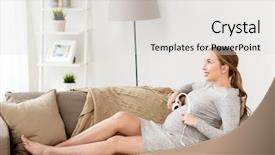  Presentation with motherhood - Colorful slide deck enhanced with pregnancy motherhood technology people and expectation concept - happy pregnant woman with headphones listening to music at home backdrop and a light gray colored foreground