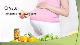 Presentation with pregnant woman - Slides consisting of pregnancy nutrition - pregnant woman belly with vegetables background and a white colored foreground