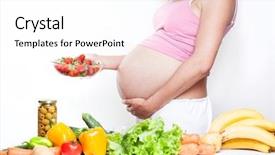  Presentation with fresh fruits and vegetables - Slides with pregnancy nutrition - pregnant woman belly with vegetables background and a white colored foreground