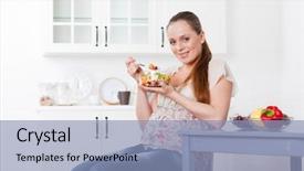  Presentation with pregnant woman - Slide set enhanced with pregnancy nutrition - pregnant woman eats fruit salad background and a light blue colored foreground