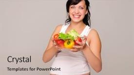  Presentation with natural food grocery - Slides with pregnancy nutrition - young pregnant woman chooses background and a soft green colored foreground