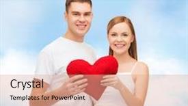  Presentation with pregnancy - Presentation theme with pregnancy parenthood love and happiness concept - happy young family expecting child with big red heart background and a coral colored foreground