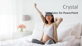  Presentation with maternity - PPT layouts with pregnancy people and maternity concept - happy pregnant asian woman stretching in bed at home bedroom background and a white colored foreground