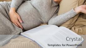  Presentation with motherhood - PPT theme with pregnancy people and motherhood concept - close up of pregnant woman with book sleeping at home background and a light gray colored foreground