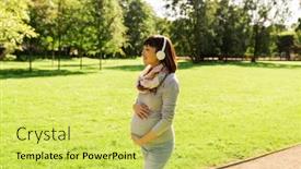  Presentation with asian music - Cool new presentation with pregnancy people and technology concept - happy pregnant asian woman in headphones walking at park and listening to music backdrop and a yellow colored foreground