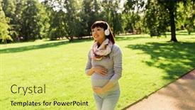  Presentation with asian music - PPT theme featuring pregnancy people and technology concept - happy pregnant asian woman in headphones walking at park and listening to music background and a yellow colored foreground