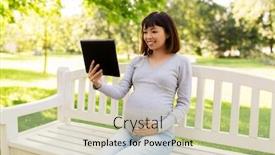  Presentation with pregnant woman - PPT layouts consisting of pregnancy people and technology concept - happy pregnant asian woman with tablet pc computer sitting on park bench background and a soft green colored foreground