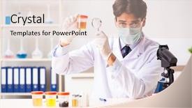  Presentation with lab on chip - Slides enhanced with pregnancy research - young handsome chemist working background and a  colored foreground