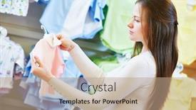  Presentation with clothes shop - PPT layouts having pregnancy shopping young pregnant woman choosing newborn clothes at baby shop store background and a coral colored foreground